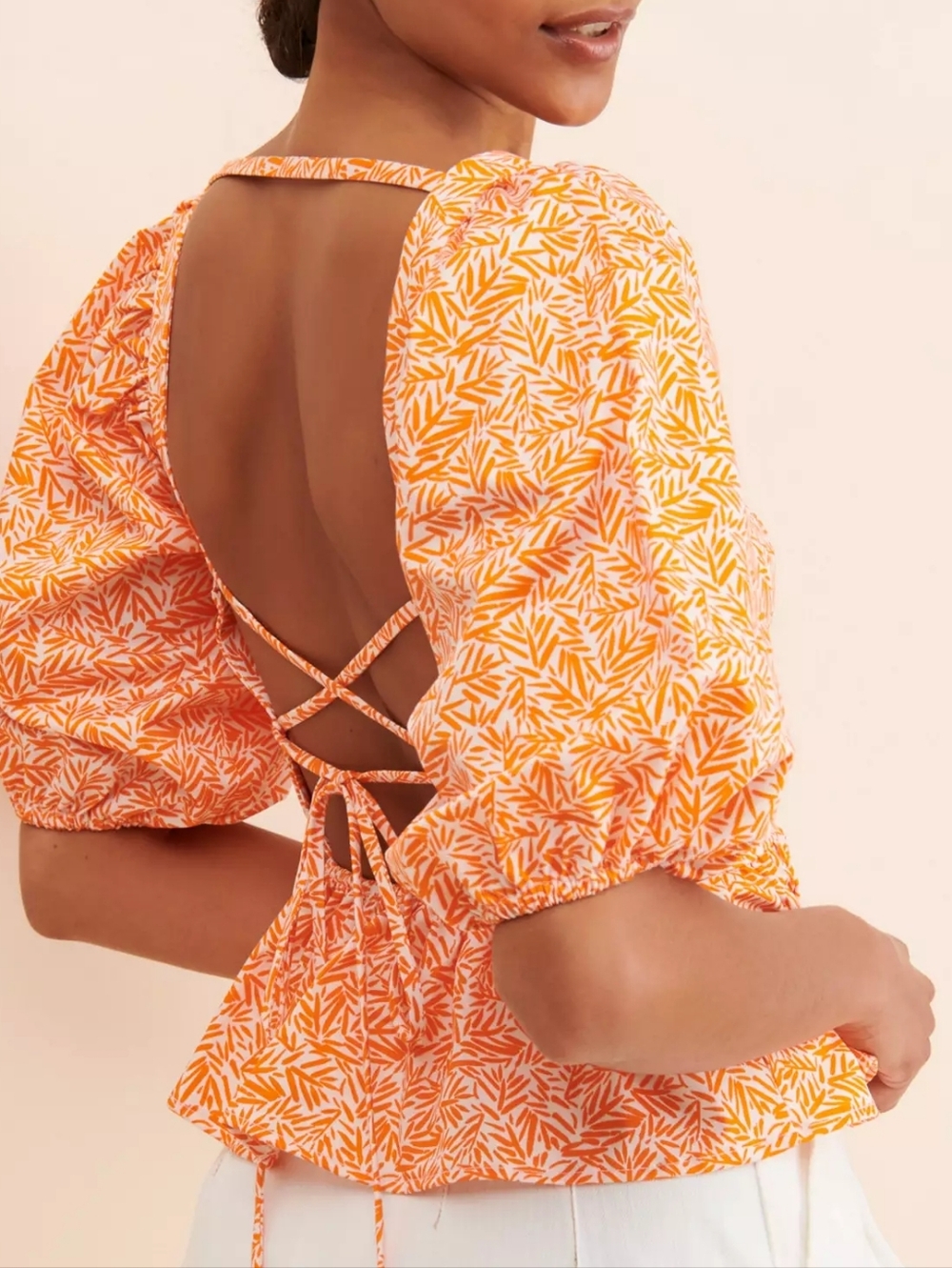 Hutch Orange Print Open Tie Back Peplum Top Peplum Blouse Puff Sleeve, Size L